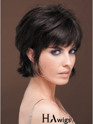 Naturally Straight Human Hair Wig With Bangs Capless Short Length Black Color