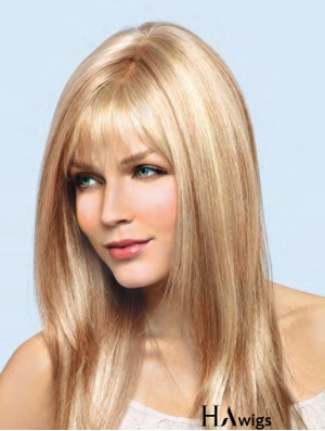 16 inch Blonde Remy Human Straight With Bangs Hand Tied Lace Wigs