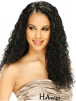 Human Hair Lace Front Wig Curly Style Long Length Black Color