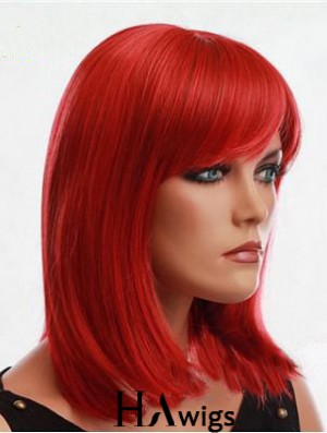 Human Hair Red Wig With Bangs Capless Red Color Straight Style