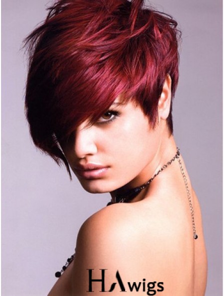 Human Hair Lace Front Wig With Bangs Short Length Red Color