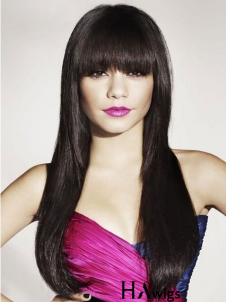 Black Human Hair With Bangs Long Length Straight Style