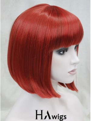 Human Hair Lace Front Wig Chin Length With Bangs Red Color