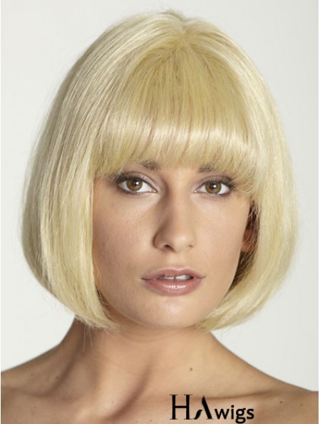 Blonde Straight Chin Length Bobs 100% Hand-tied Cheap Human Hair Wigs With Bangs