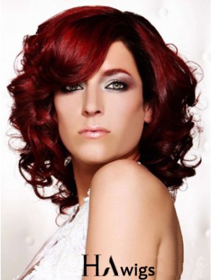 Curly With Bangs Shoulder Length Red Ideal Lace Front Wigs