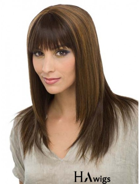 With Bangs Modern Straight Brown Long Human Hair Wigs