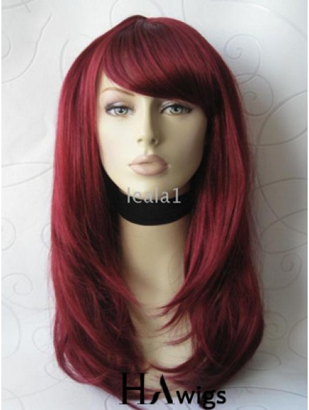 Front Lace Wig With Bangs Long Length Straight Style Red Color