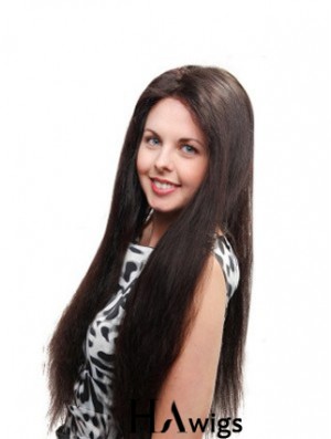 Straight Without Bangs 100% Hand-tied Sleek 26 inch Black Long Wigs