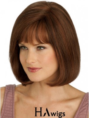 Real Hair Long Bob Wigs With Monofilament Straight Style Auburn Color