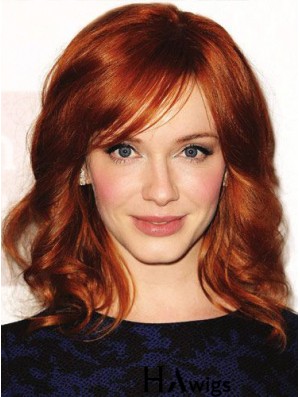 Full Lace Wavy With Bangs Shoulder Length 16 inch Affordable Human Hair Christina Hendricks Wigs