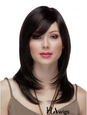 Straight Layered 100% Hand-tied High Quality 16 inch Black Long Wigs