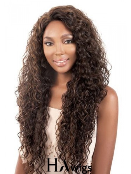 Long Brown Kinky Without Bangs Durable African American Wigs