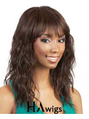 Shoulder Length Auburn Wavy With Bangs Soft African American Wigs