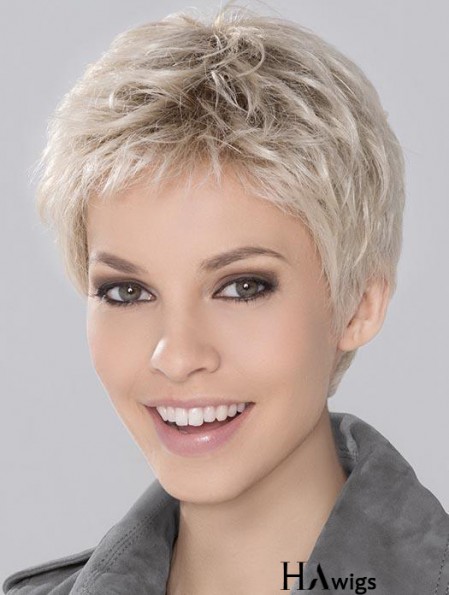 Durable Blonde Incredible Cropped Platinum Wavy Monofilament Wigs For Women