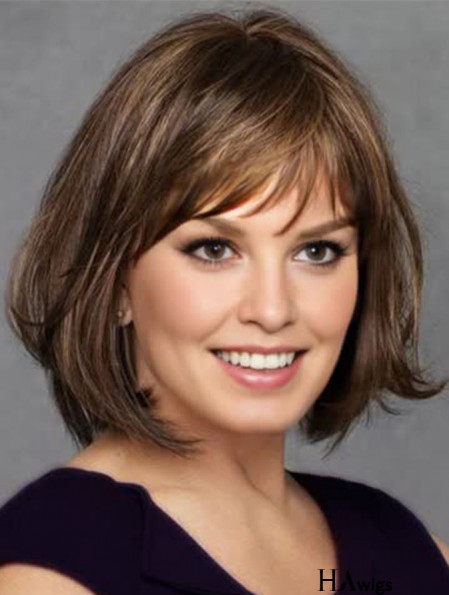 Monofilament Brown 12 inch Chin Length With Bangs Heat Resistant Wigs