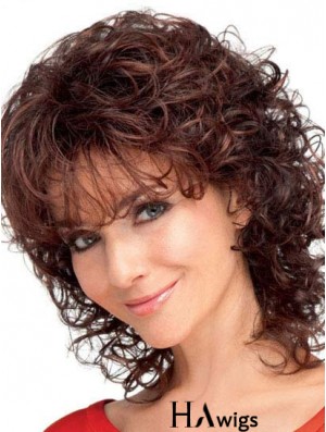 Curly Wigs Synthetic Hair With Bangs Auburn Color Shoulder Length