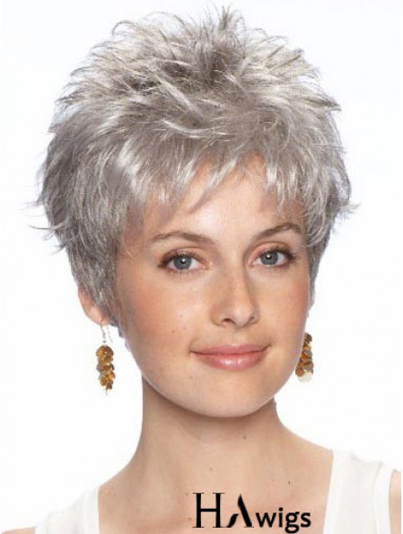 Short Grey Wig With Synthetic Lace Front Wavy Style Grey Cut