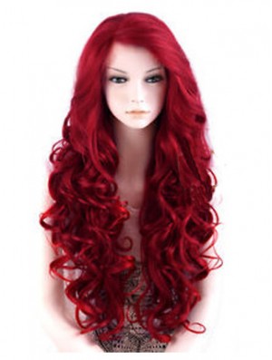 24 inch Red Long Wavy Large Cap Synthetic Lace Front Wigs