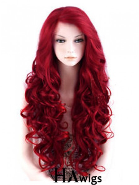 24 inch Red Long Wavy Large Cap Synthetic Lace Front Wigs