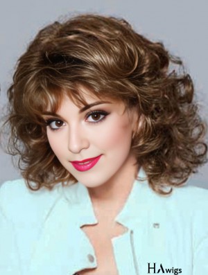 No-Fuss Brown Shoulder Length Curly With Bangs Lace Front Wigs