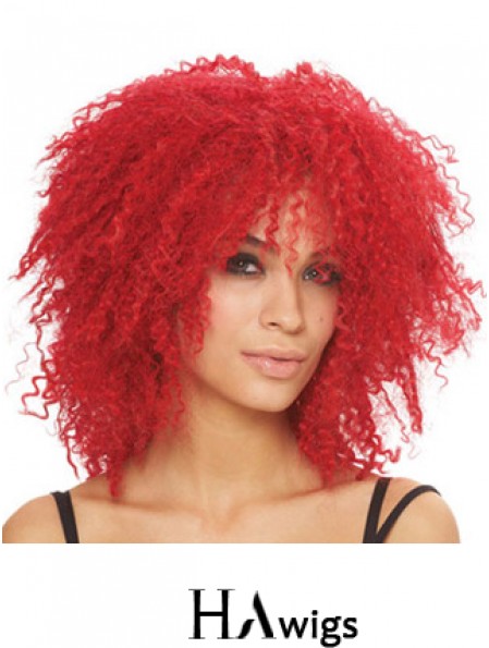 Kinky With Bangs Shoulder Length Red Style Lace Front Wigs