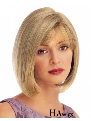 Chin Length Straight Blonde With Bangs UK Cheap Monofilament Wigs