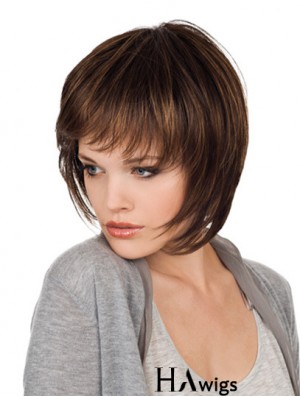 Brown Chin Length Straight With Bangs 10 inch Natural Medium Wigs