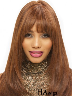 Synthetic Brown Straight With Bangs Monofilament Hand Tied Wigs