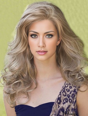 Designed Blonde Long Without Bangs Wavy Glueless Lace Front Wigs