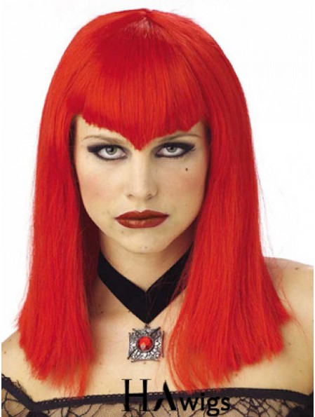 Straight With Bangs Shoulder Length Red Discount Lace Front Wigs