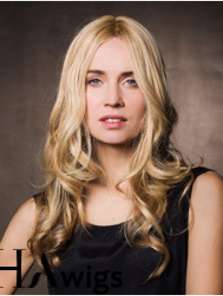 Monofilament Synthetic 17 inch Long Wavy Blonde Without Bangs Cheap Wigs For Cancer Patients