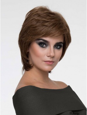 Brown With Bangs Straight 8 inch Chin Length Mono Hair Wigs