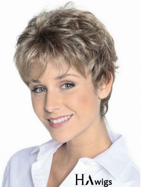 Grey Hair Wigs Short Brown Color Cropped Length Wavy Style