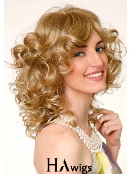 Layered Blonde Curly Shoulder Length 16 inch Durable Medium Wigs