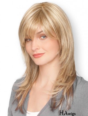 Blonde 16 inch Sleek Long Straight With Bangs Lace Wigs