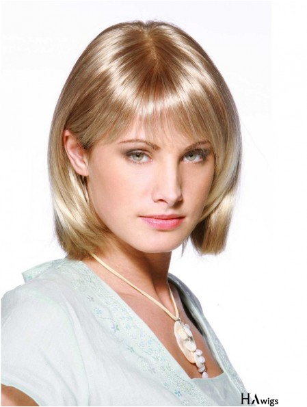 Long Bob Wigs With Bangs Monofilament Blonde Color Shoulder Length