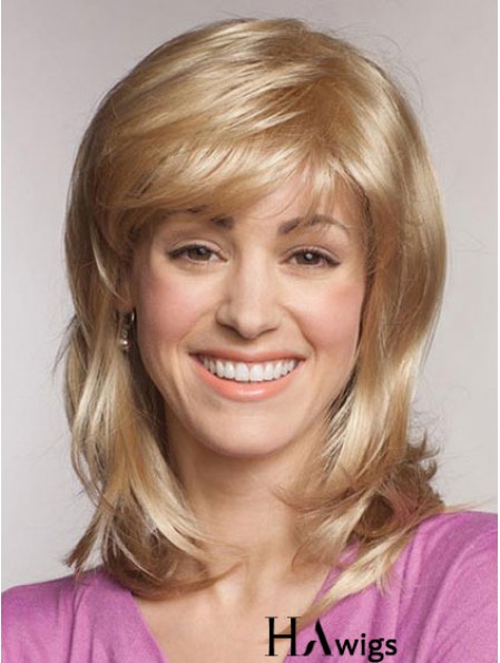 Straight With Bangs Shoulder Length Blonde Popular Lace Front Wigs