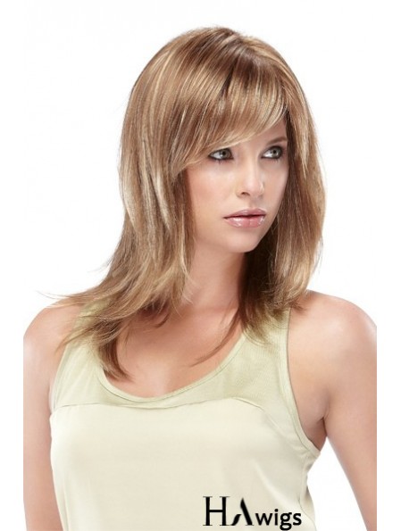 Straight With Bangs Shoulder Length Blonde Designed Lace Front Wigs