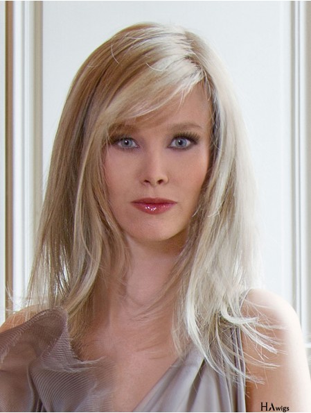 Long Straight With Bangs Blonde Sleek 100% Hand-tied Wigs