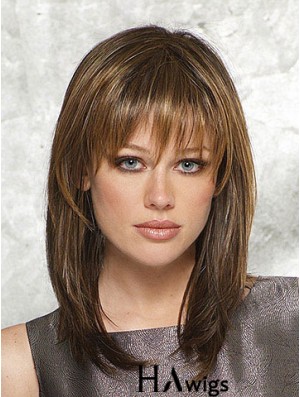 Sassy Straight Brown Shoulder Length With Bangs Medium Wigs