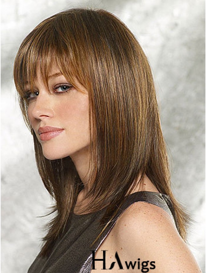 Sassy Straight Brown Shoulder Length With Bangs Medium Wigs