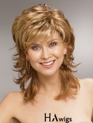 Shoulder Length Layered 13 inch Wavy Blonde Medium Wigs