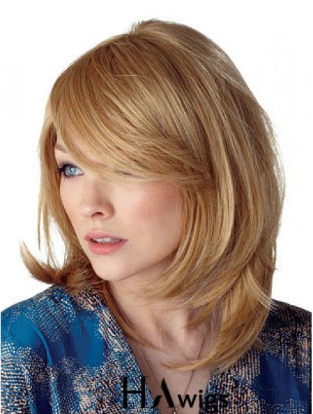 Cheapest Straight Blonde Shoulder Length With Bangs Medium Wigs