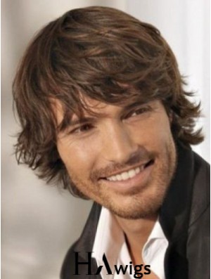 High Quality Brown Synthetic Chin Length Capless Wavy Mens Long Wig