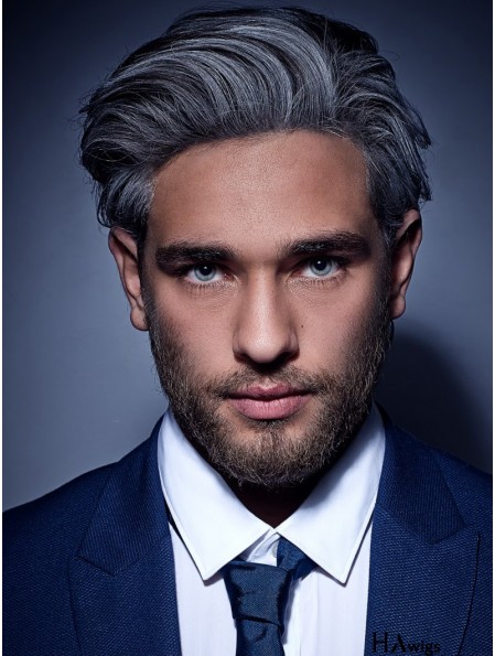 High Quality Synthetic Capless Grey Short Straight Mens Wigs To Buy