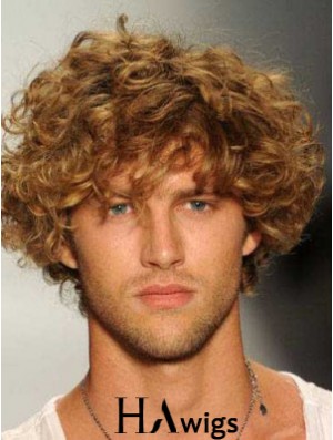Blonde 8inch Remy Human Hair Curly Layered Capless  Mens Wigs