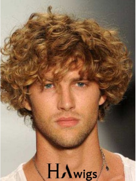 Blonde 8inch Remy Human Hair Curly Layered Capless  Mens Wigs