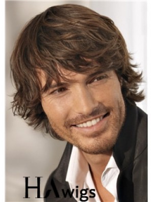 Brown Remy Human Short Wavy Monofilam Cheap Wigs For Men