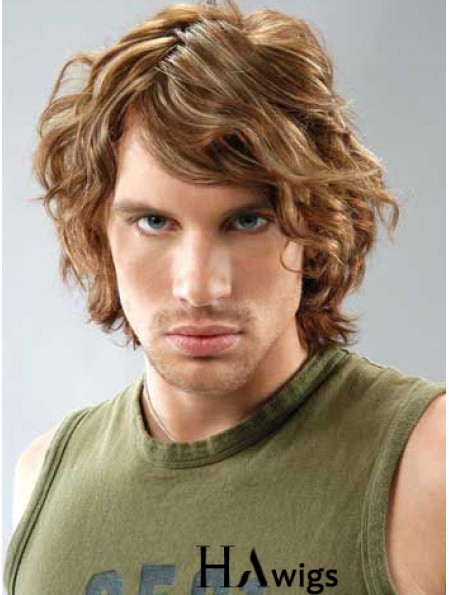 Lace Front Brown Remy Human Curly With Bangs Men's Wigs In UK