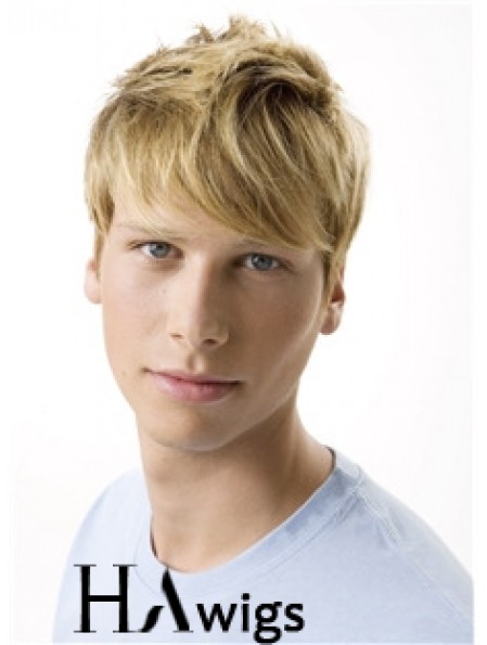 Remy Human 100% Hand Tied Short Wavy Blonde Wigs For Men